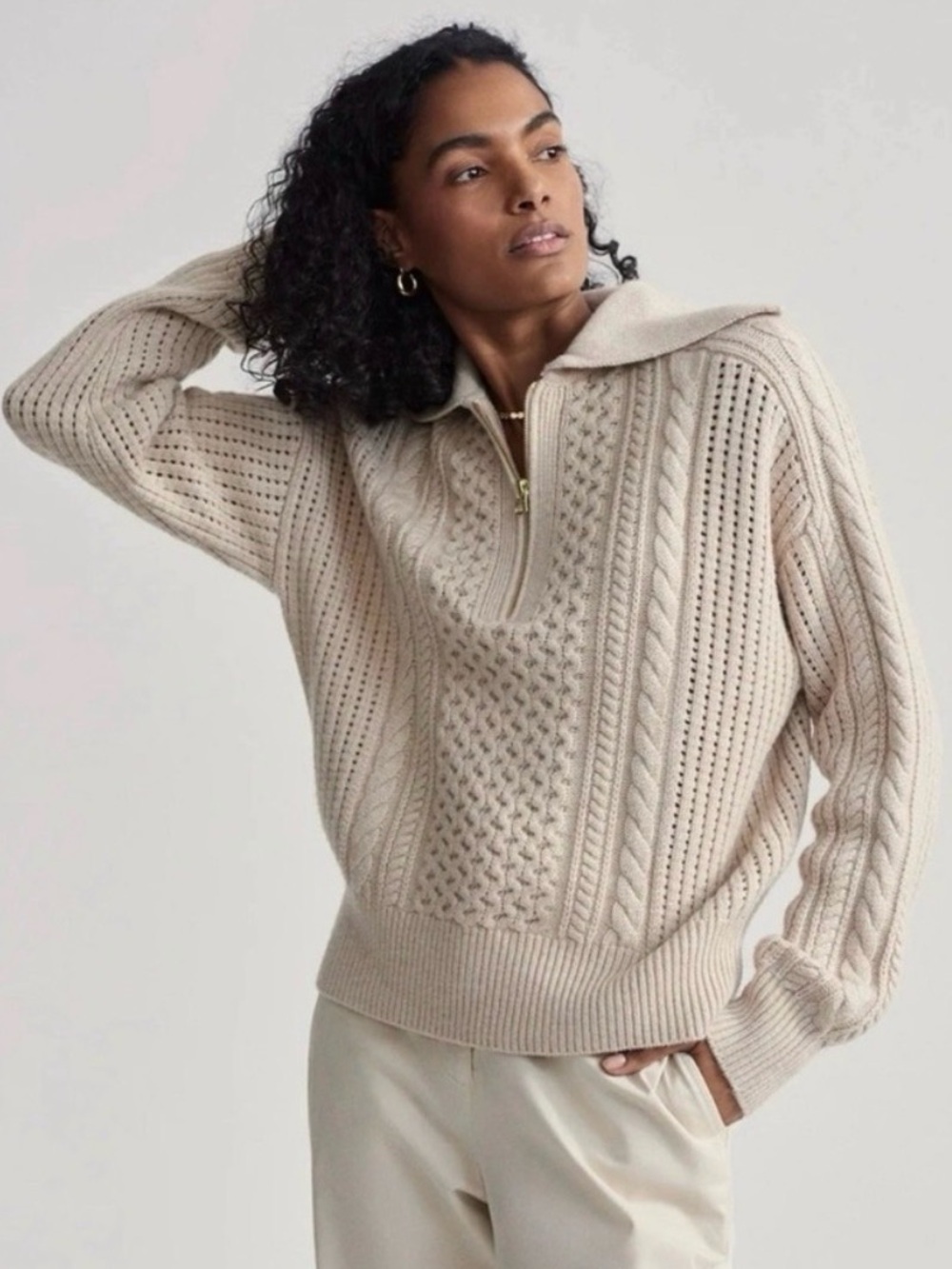 Varley Cream Cable-Knit Half-Zip Turtleneck Sweater